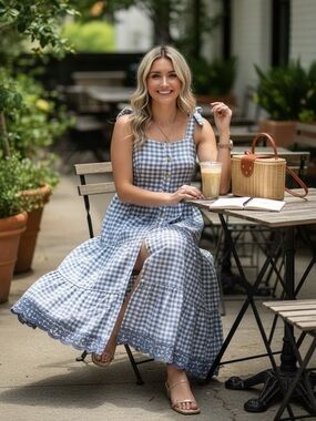NWT Shabby Chic Blue White Gingham Sleeveless Smocked Maxi Dress US 14